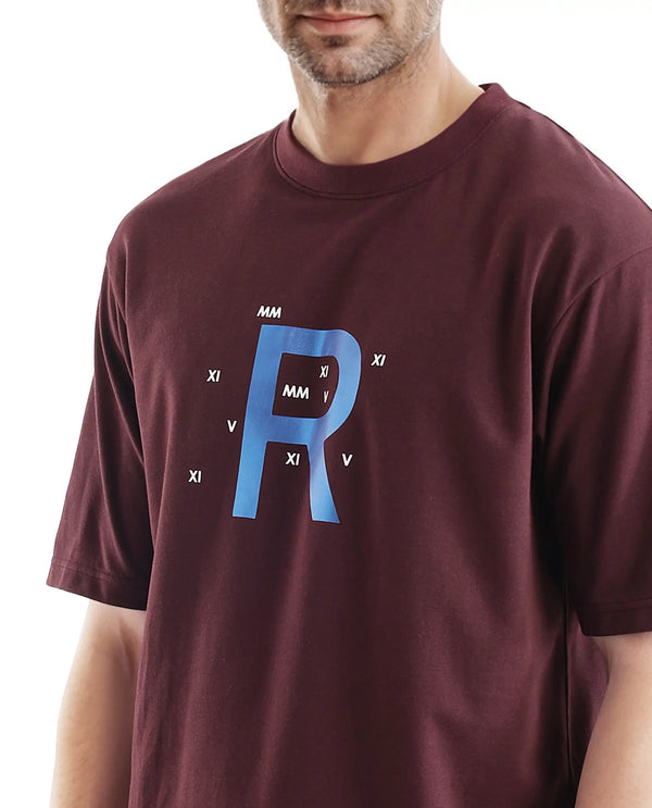 Rare Rabbit Men Leat Dark Brown Cotton Polyester Fabric Short Sleeve Crew Neck Boxy Fit Printed T-Shirt