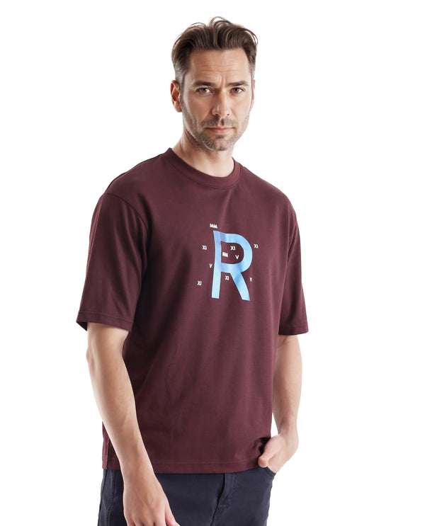 Rare Rabbit Men Leat Dark Brown Cotton Polyester Fabric Short Sleeve Crew Neck Boxy Fit Printed T-Shirt