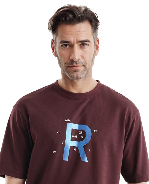 Rare Rabbit Men Leat Dark Brown Cotton Polyester Fabric Short Sleeve Crew Neck Boxy Fit Printed T-Shirt