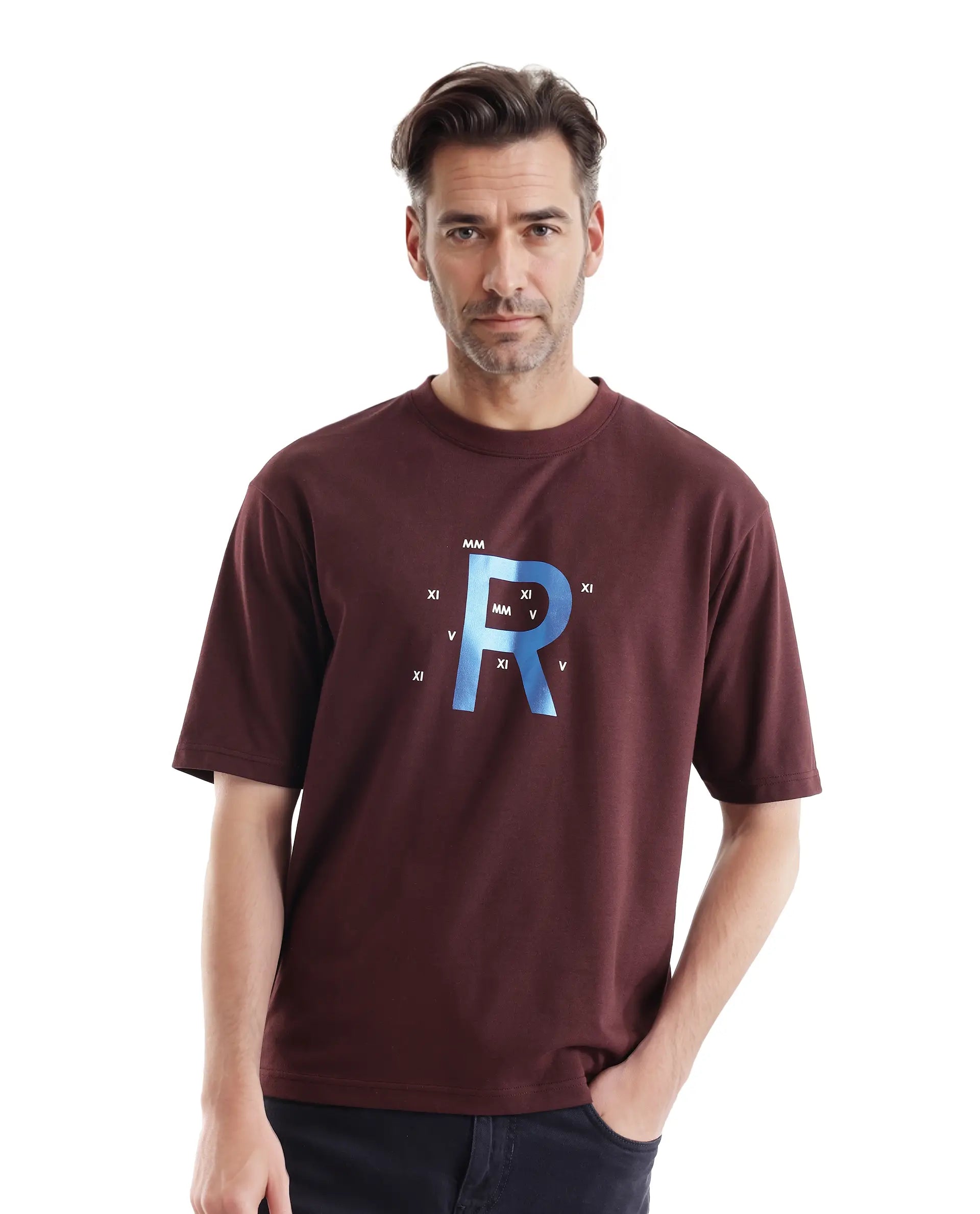 Rare Rabbit Men Leat Dark Brown Cotton Polyester Fabric Short Sleeve Crew Neck Boxy Fit Printed T-Shirt