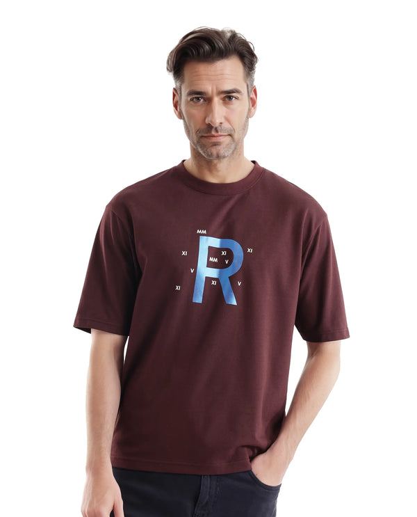 Rare Rabbit Men Leat Dark Brown Cotton Polyester Fabric Short Sleeve Crew Neck Boxy Fit Printed T-Shirt