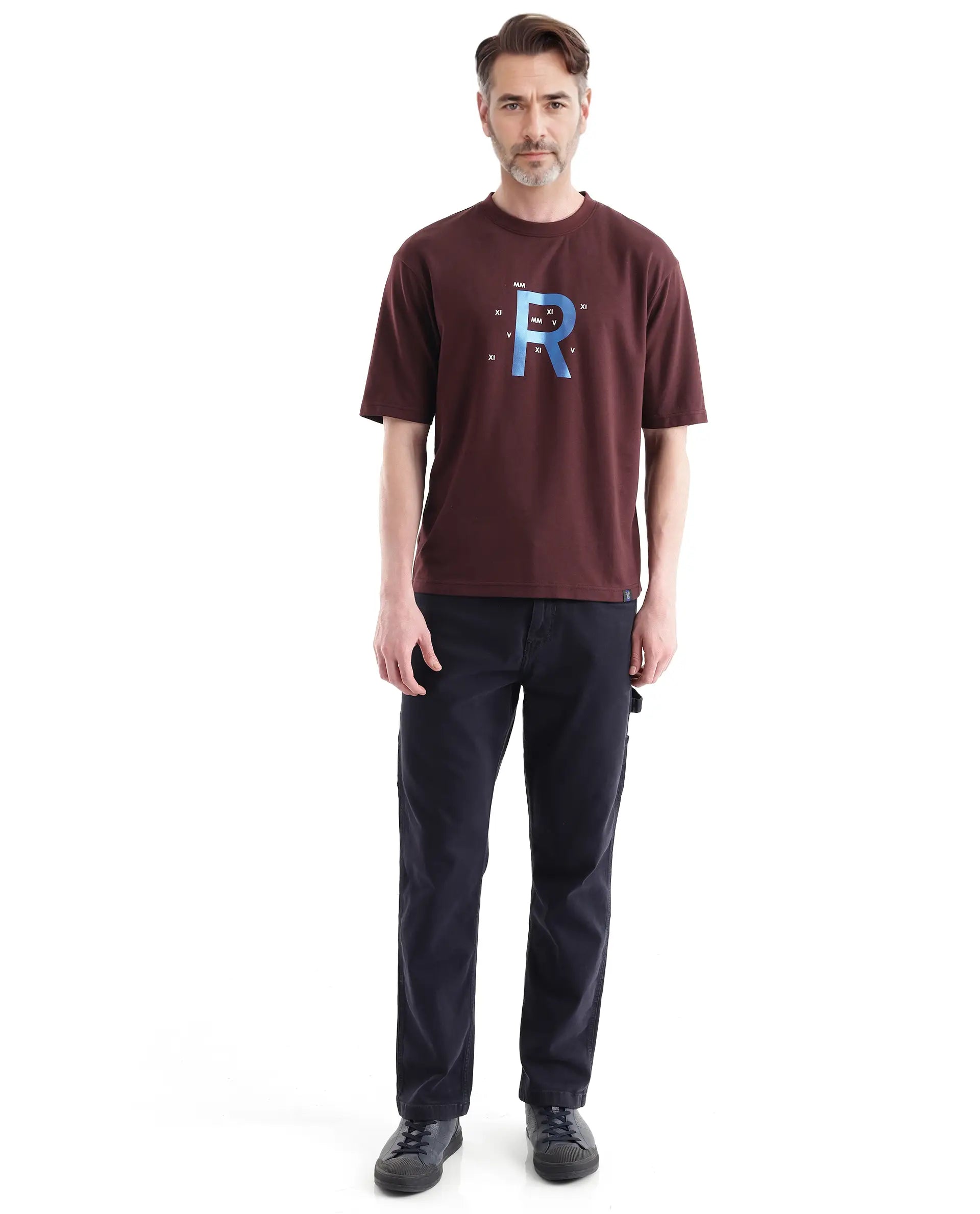 Rare Rabbit Men Leat Dark Brown Cotton Polyester Fabric Short Sleeve Crew Neck Boxy Fit Printed T-Shirt