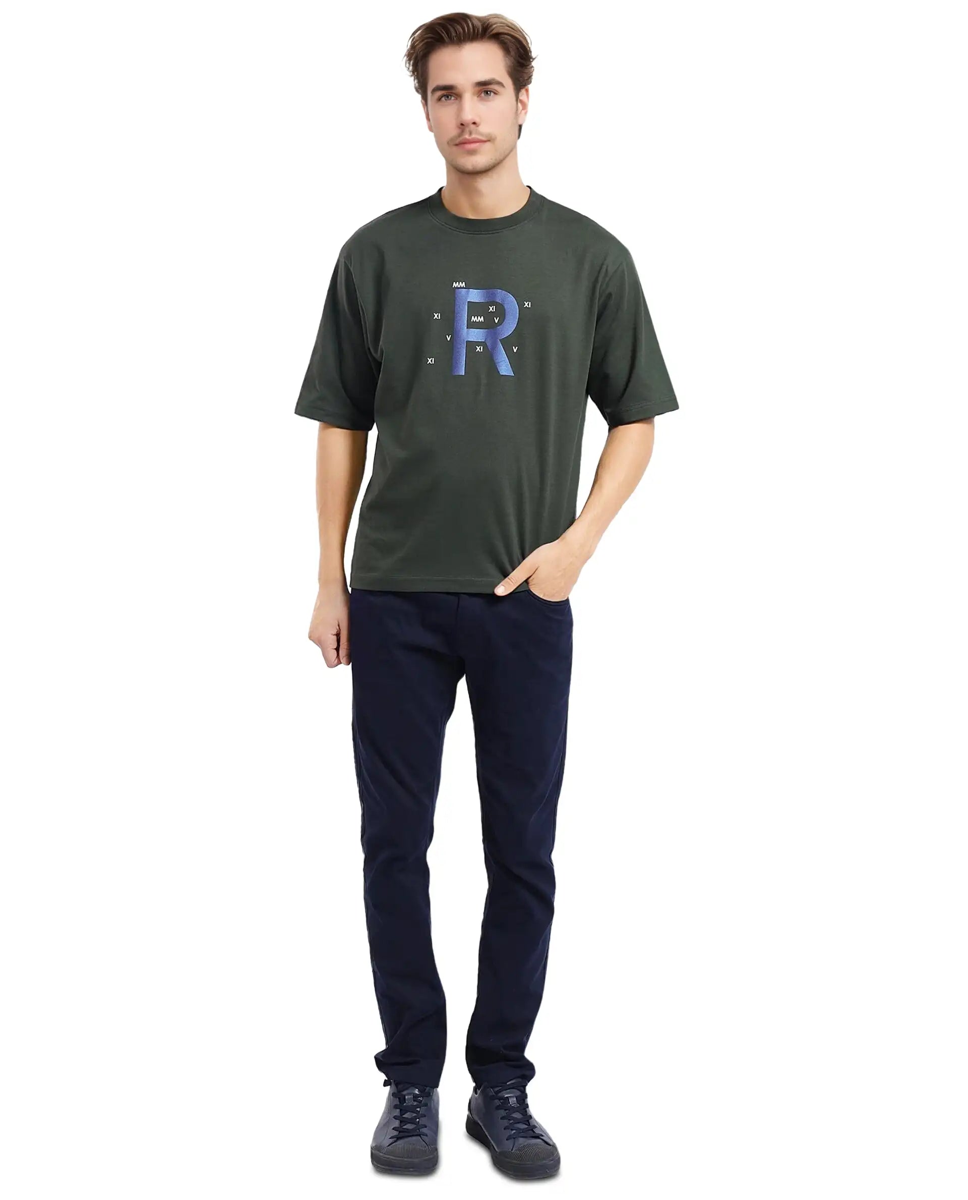 Rare Rabbit Men Leat Olive Cotton Polyester Fabric Short Sleeve Crew Neck Boxy Fit Printed T-Shirt