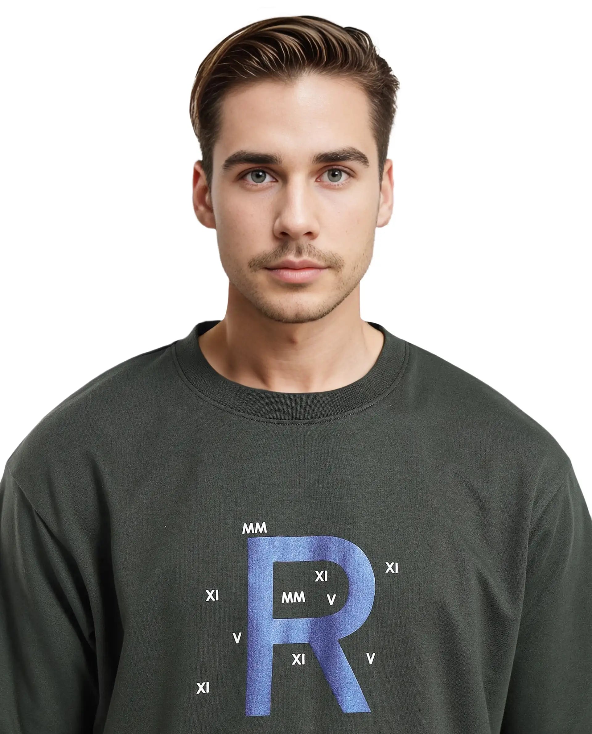 Rare Rabbit Men Leat Olive Cotton Polyester Fabric Short Sleeve Crew Neck Boxy Fit Printed T-Shirt