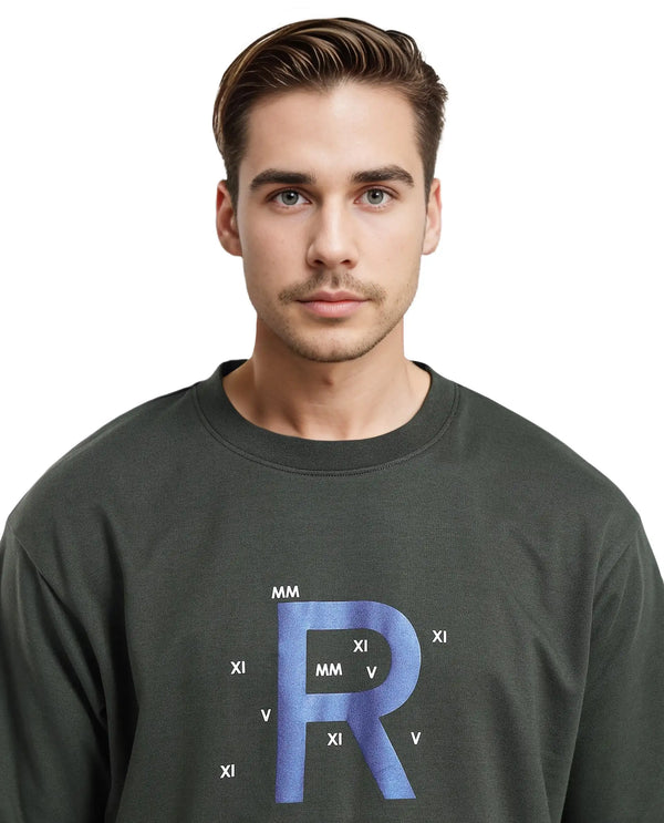 Rare Rabbit Men Leat Olive Cotton Polyester Fabric Short Sleeve Crew Neck Boxy Fit Printed T-Shirt