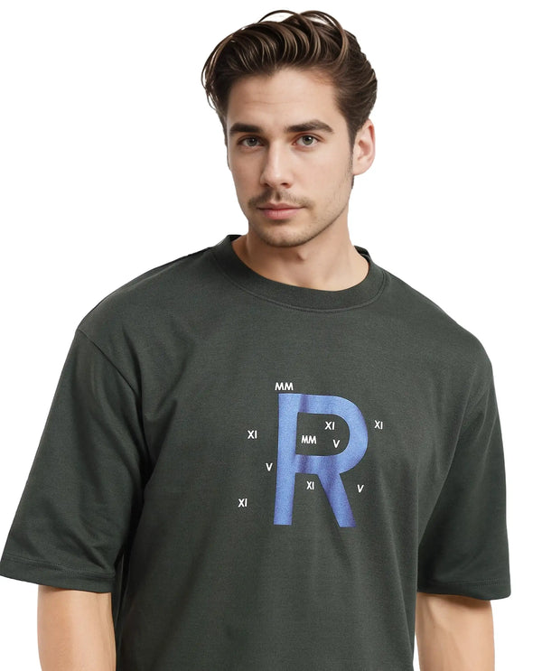 Rare Rabbit Men Leat Olive Cotton Polyester Fabric Short Sleeve Crew Neck Boxy Fit Printed T-Shirt
