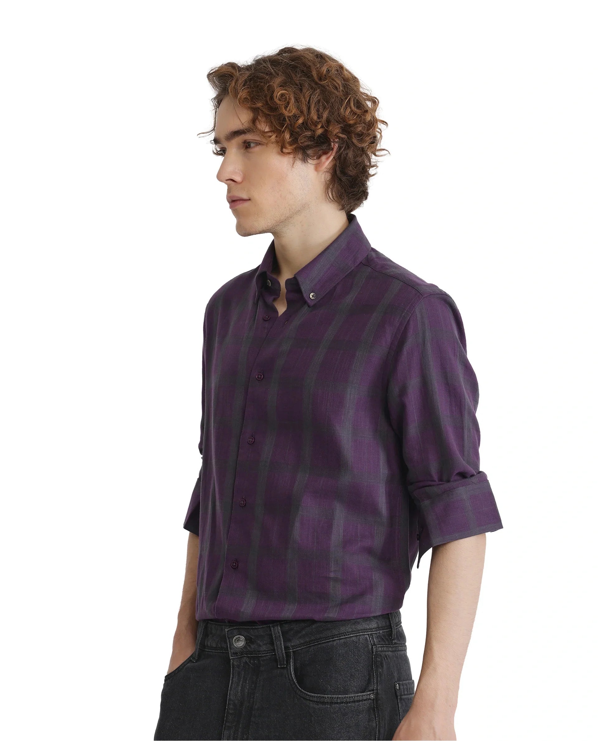 Rare Rabbit Men Leip Purple Cotton Fabric Full Sleeve Regular Fit Checks Shirt