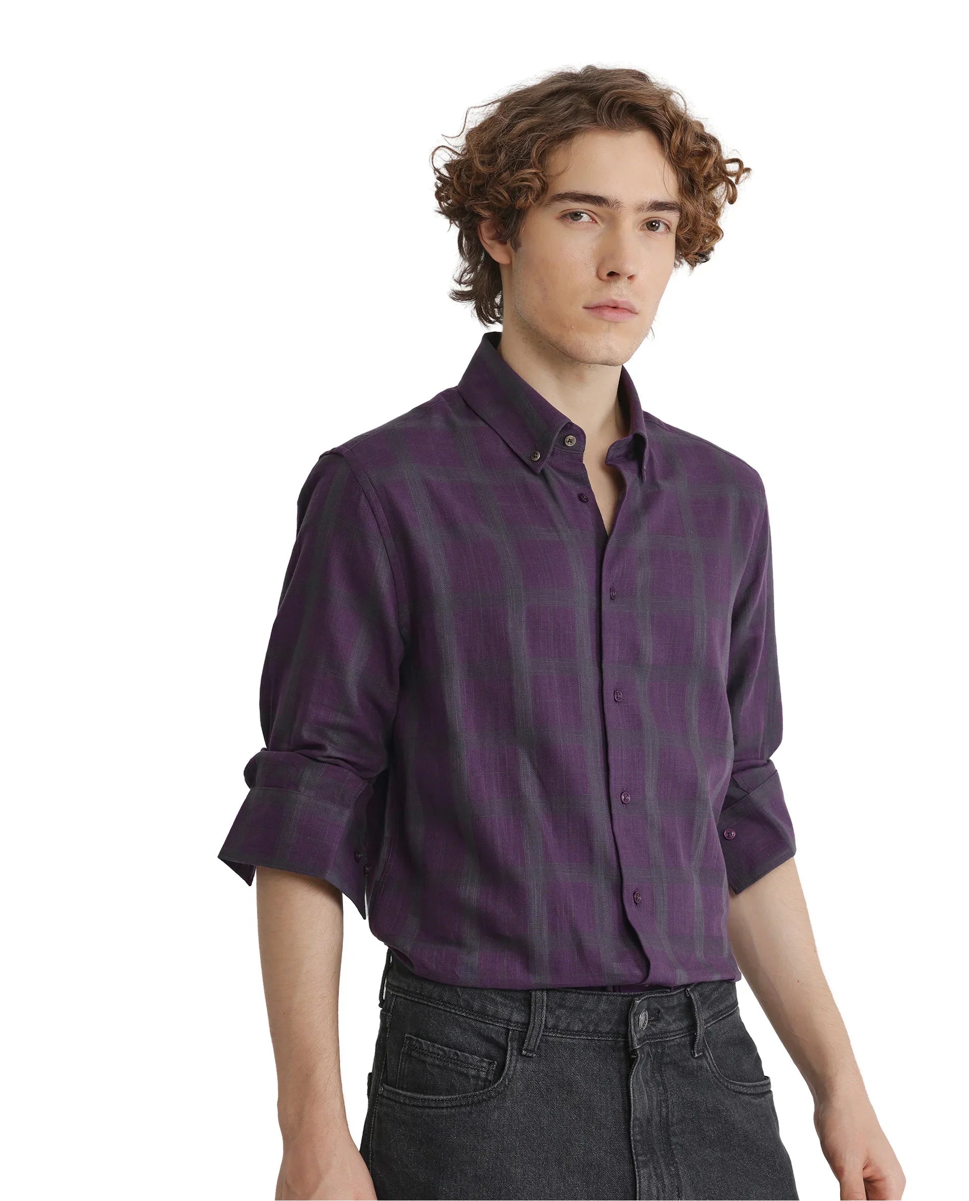 Rare Rabbit Men Leip Purple Cotton Fabric Full Sleeve Regular Fit Checks Shirt
