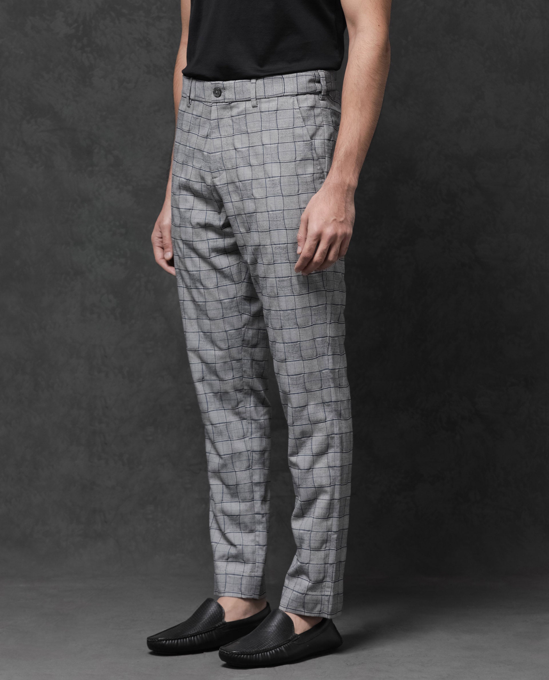 Rare Rabbit Mens Lenid Grey Poly Viscose Lycra Fabric Mid Rise Regular Fit Checks Print Trouser