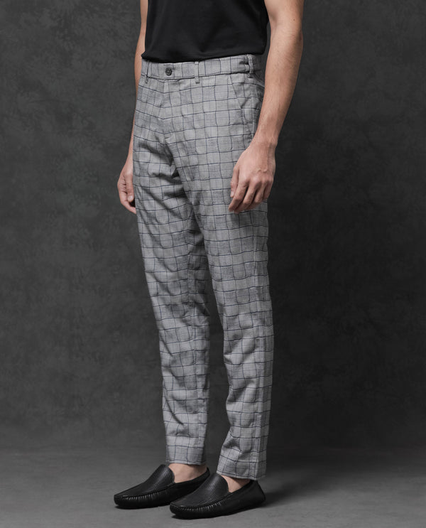Rare Rabbit Mens Lenid Grey Poly Viscose Lycra Fabric Mid Rise Regular Fit Checks Print Trouser
