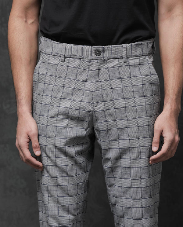 Rare Rabbit Mens Lenid Grey Poly Viscose Lycra Fabric Mid Rise Regular Fit Checks Print Trouser