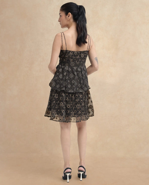 Rareism Women's Leonar Black    Shoulder Straps Geometric Print Fit And Flare Mini Dress