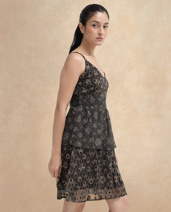 Rareism Women's Leonar Black    Shoulder Straps Geometric Print Fit And Flare Mini Dress