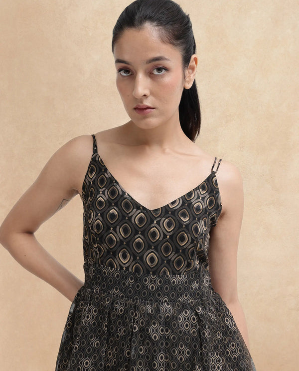 Rareism Women's Leonar Black    Shoulder Straps Geometric Print Fit And Flare Mini Dress