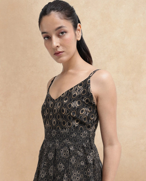 Rareism Women's Leonar Black    Shoulder Straps Geometric Print Fit And Flare Mini Dress