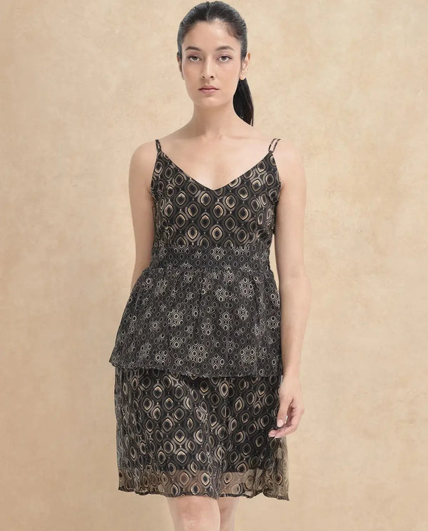 Rareism Women's Leonar Black    Shoulder Straps Geometric Print Fit And Flare Mini Dress