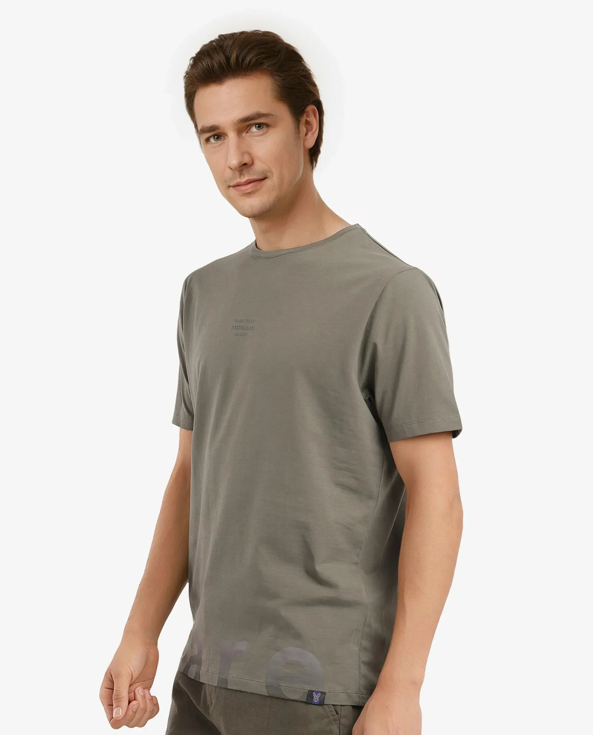 Rare Rabbit Men Let Dusky Green Cotton Lycra Fabric Short Sleeve Crew Neck Regular Fit Typography Print T-Shirt