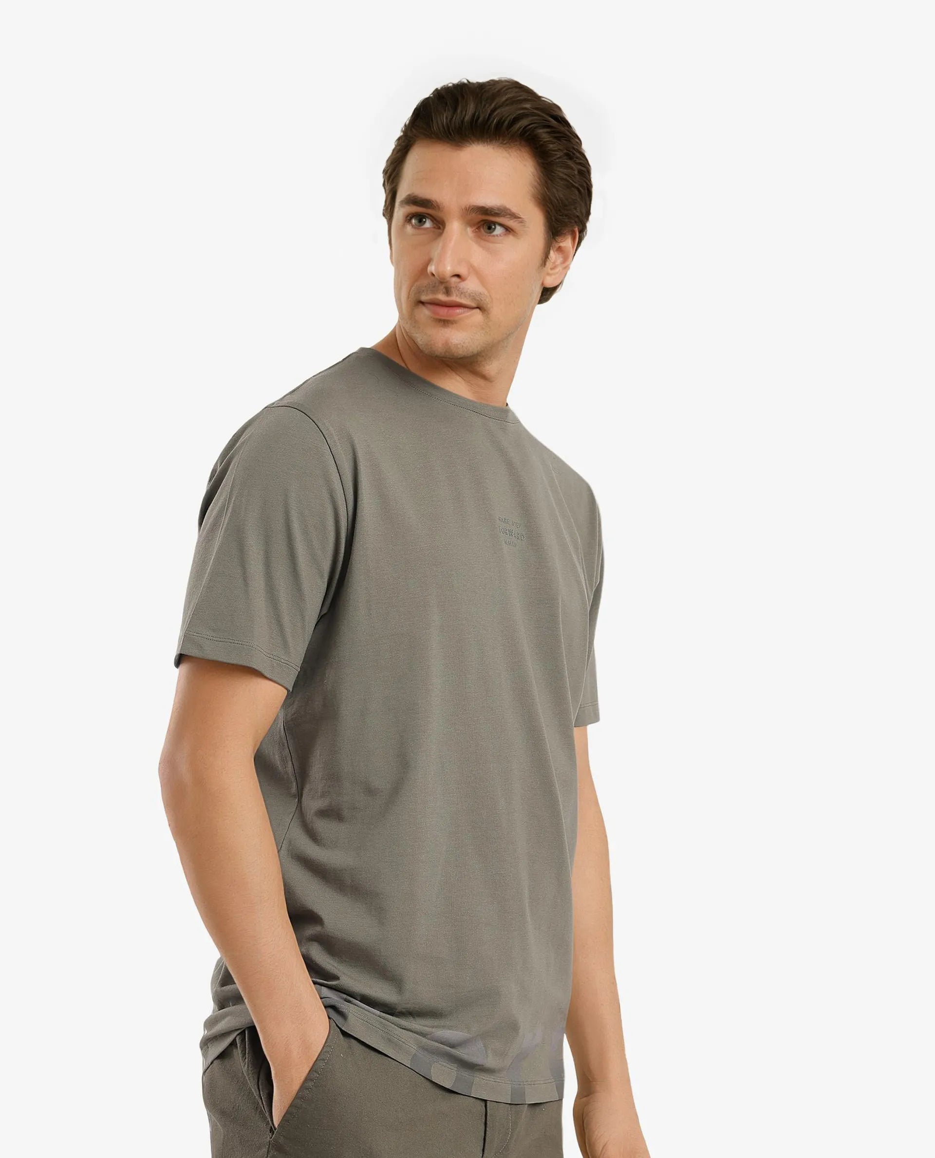 Rare Rabbit Men Let Dusky Green Cotton Lycra Fabric Short Sleeve Crew Neck Regular Fit Typography Print T-Shirt