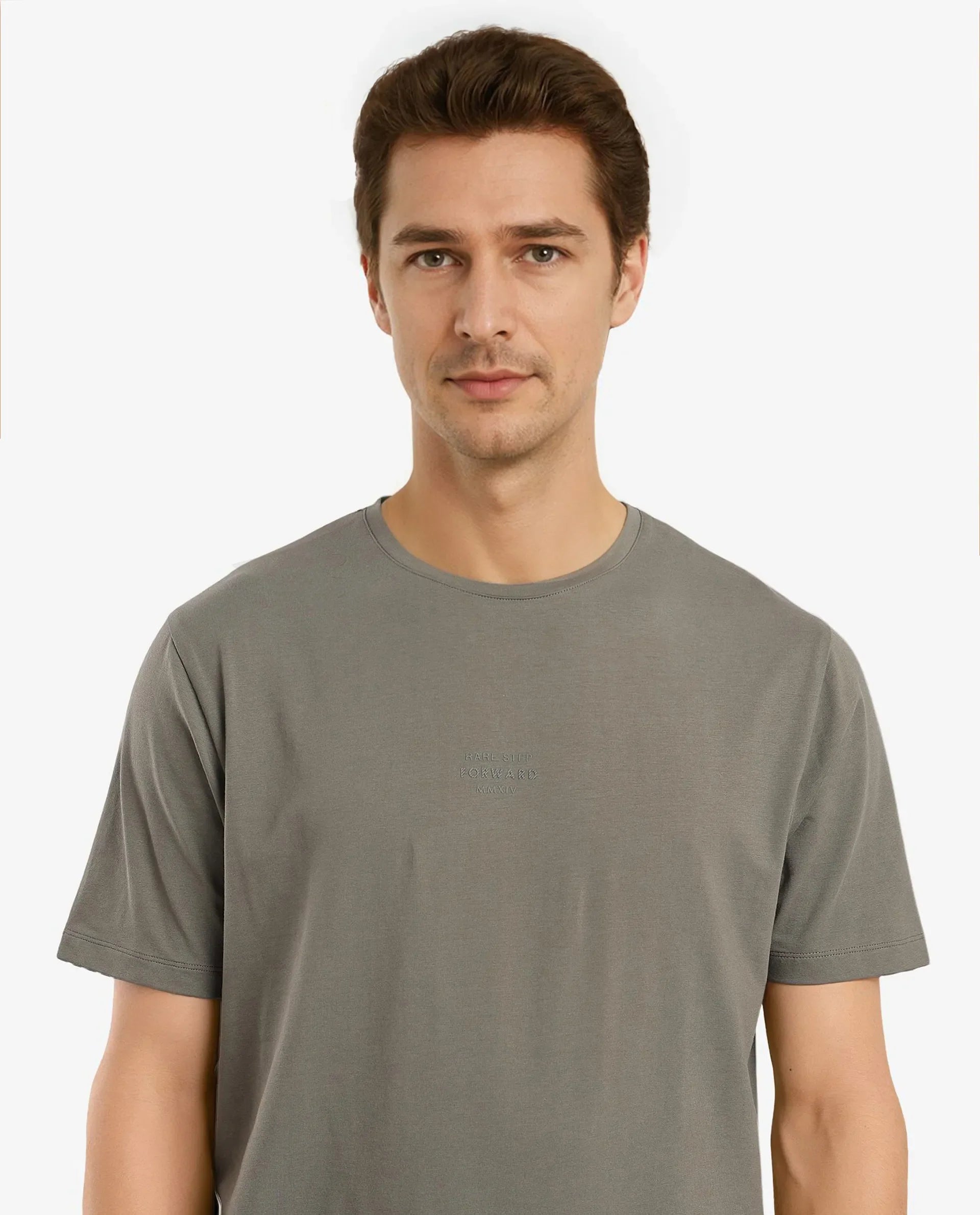 Rare Rabbit Men Let Dusky Green Cotton Lycra Fabric Short Sleeve Crew Neck Regular Fit Typography Print T-Shirt