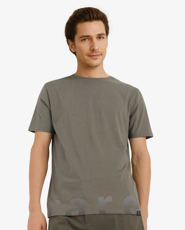 Rare Rabbit Men Let Dusky Green Cotton Lycra Fabric Short Sleeve Crew Neck Regular Fit Typography Print T-Shirt