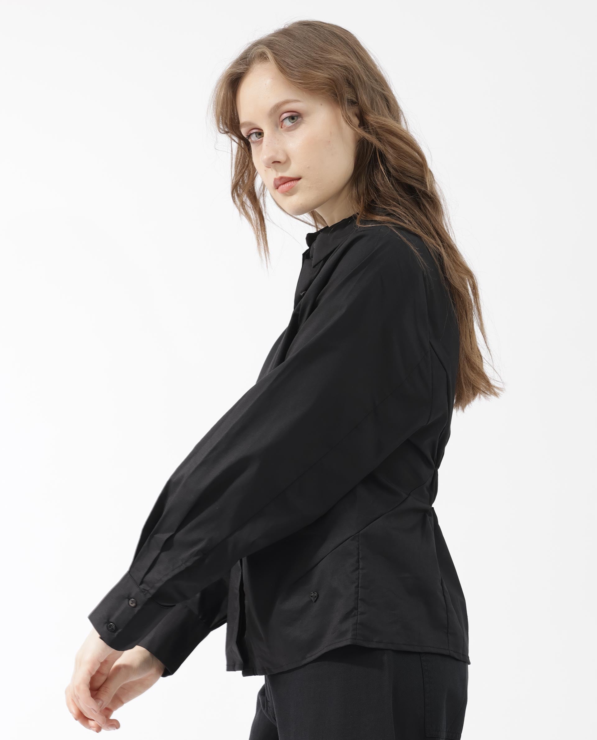 Rareism Womens Letizia Black Shirt Full Sleeve Hip Length Dyed