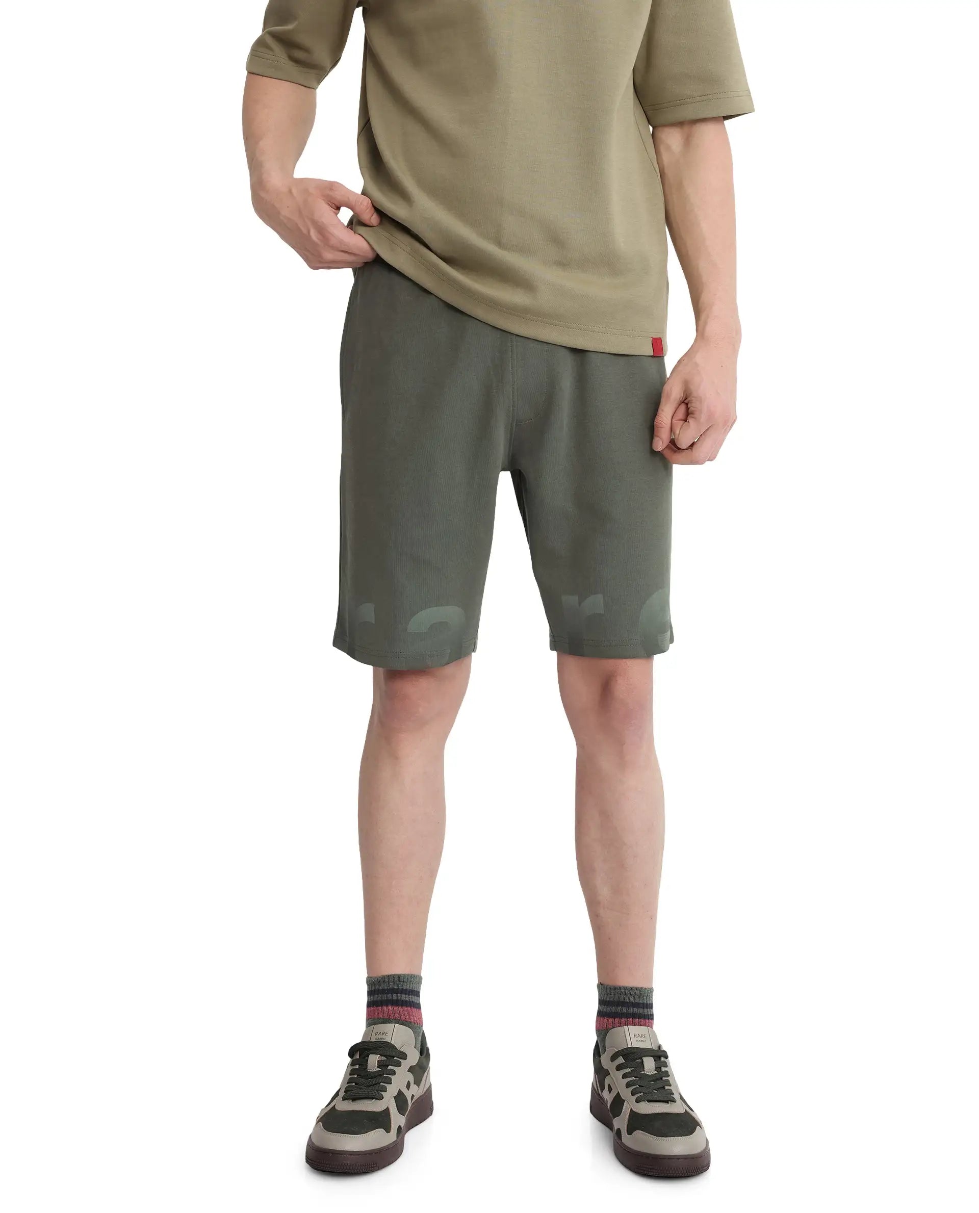 Rare Rabbit Men's Lets Dusky Green Cotton Drawstring Closure Typography Print Shorts