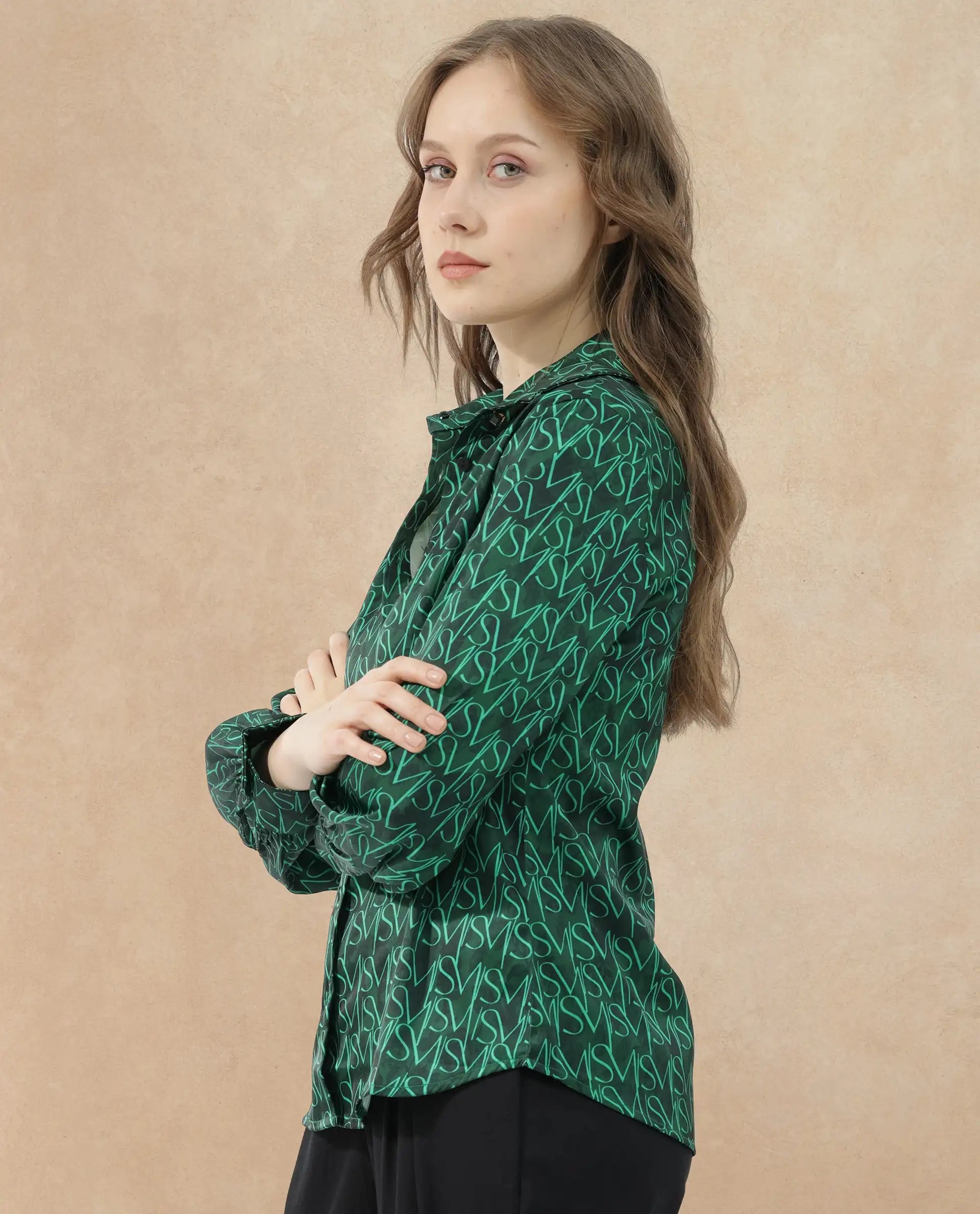 Rareism Women Lindsay Dark Green Polyester Fabric Full Sleeves Button Closure Collared Neck Cuffed Sleeve Regular Fit Monogram Top