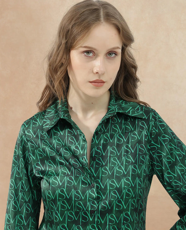 Rareism Women Lindsay Dark Green Polyester Fabric Full Sleeves Button Closure Collared Neck Cuffed Sleeve Regular Fit Monogram Top