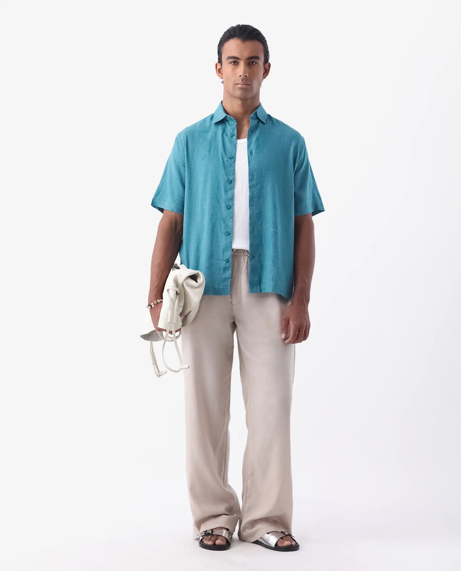 Rare Rabbit Mens Linex-1 SS Turq Linen Fabric Regular Collar Short Sleeve Boxy Fit Solid Shirt