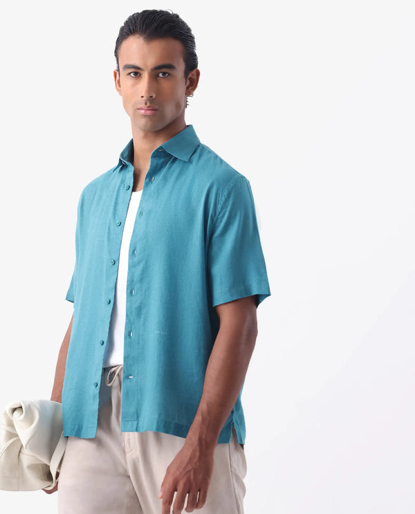 Rare Rabbit Mens Linex-1 SS Turq Linen Fabric Regular Collar Short Sleeve Boxy Fit Solid Shirt