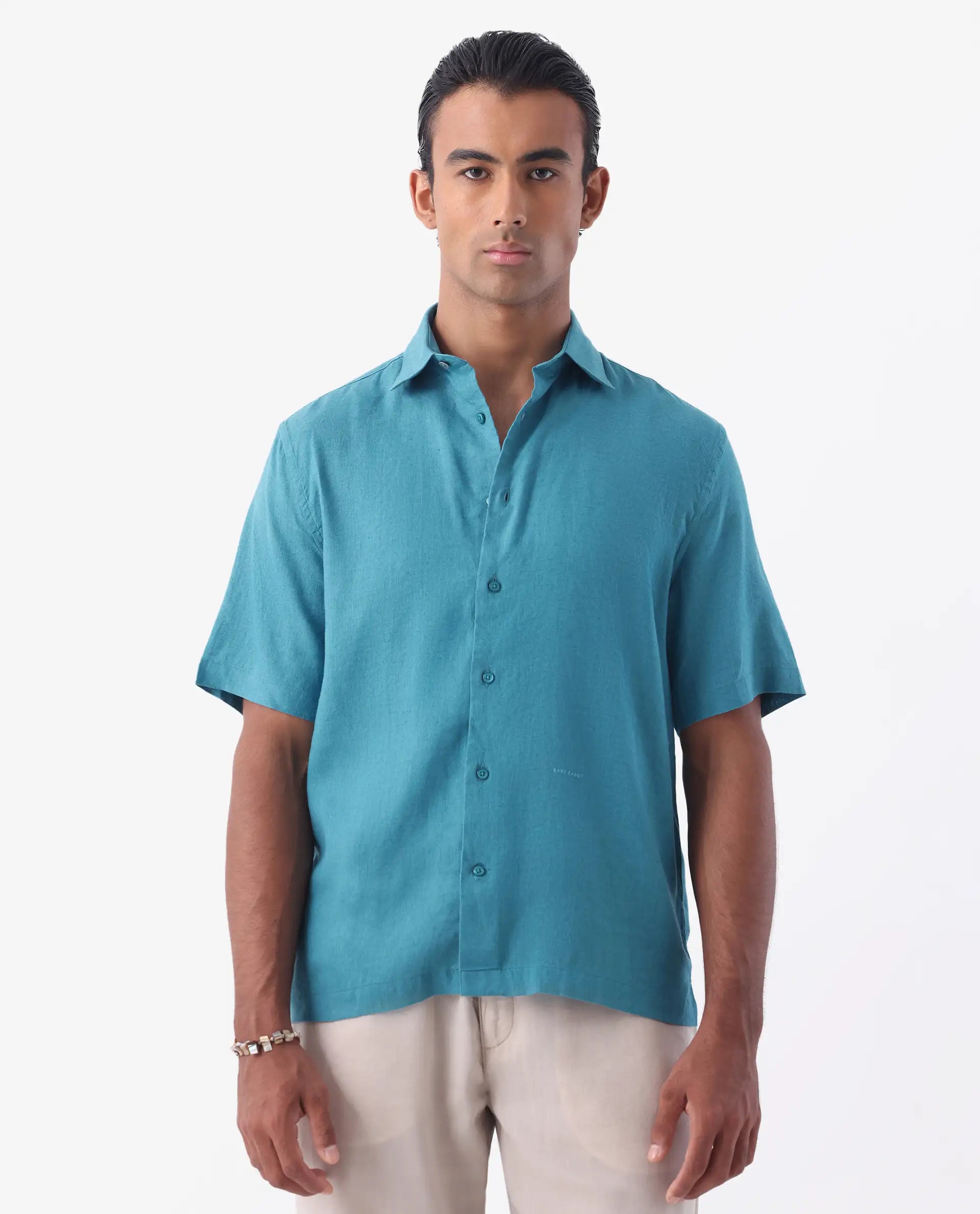 Rare Rabbit Mens Linex-1 SS Turq Linen Fabric Regular Collar Short Sleeve Boxy Fit Solid Shirt