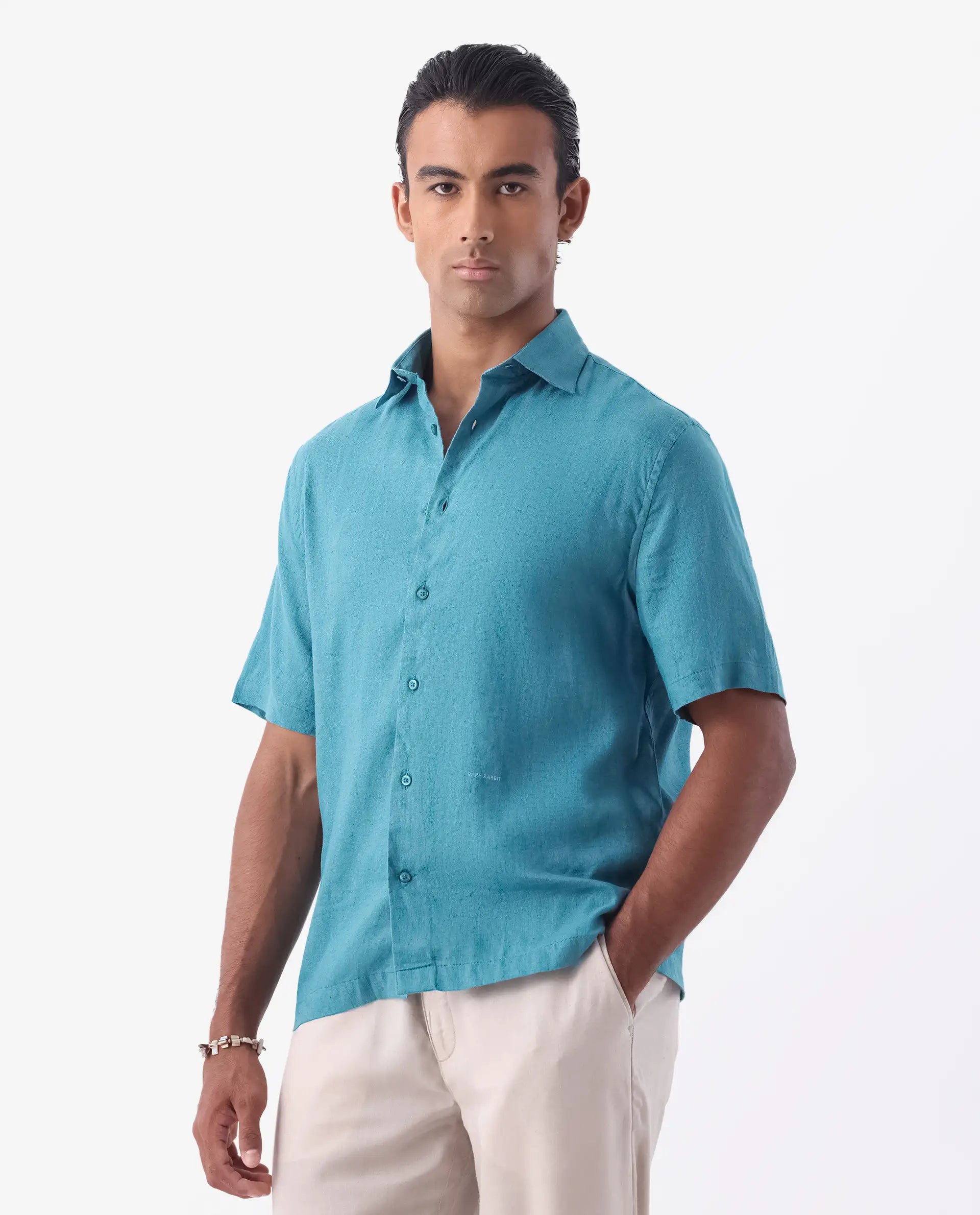 Rare Rabbit Mens Linex-1 SS Turq Linen Fabric Regular Collar Short Sleeve Boxy Fit Solid Shirt