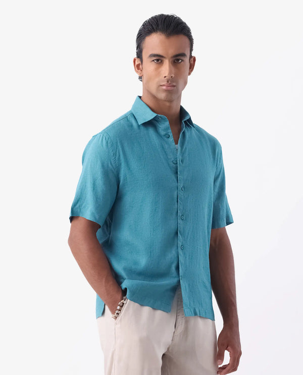 Rare Rabbit Mens Linex-1 SS Turq Linen Fabric Regular Collar Short Sleeve Boxy Fit Solid Shirt