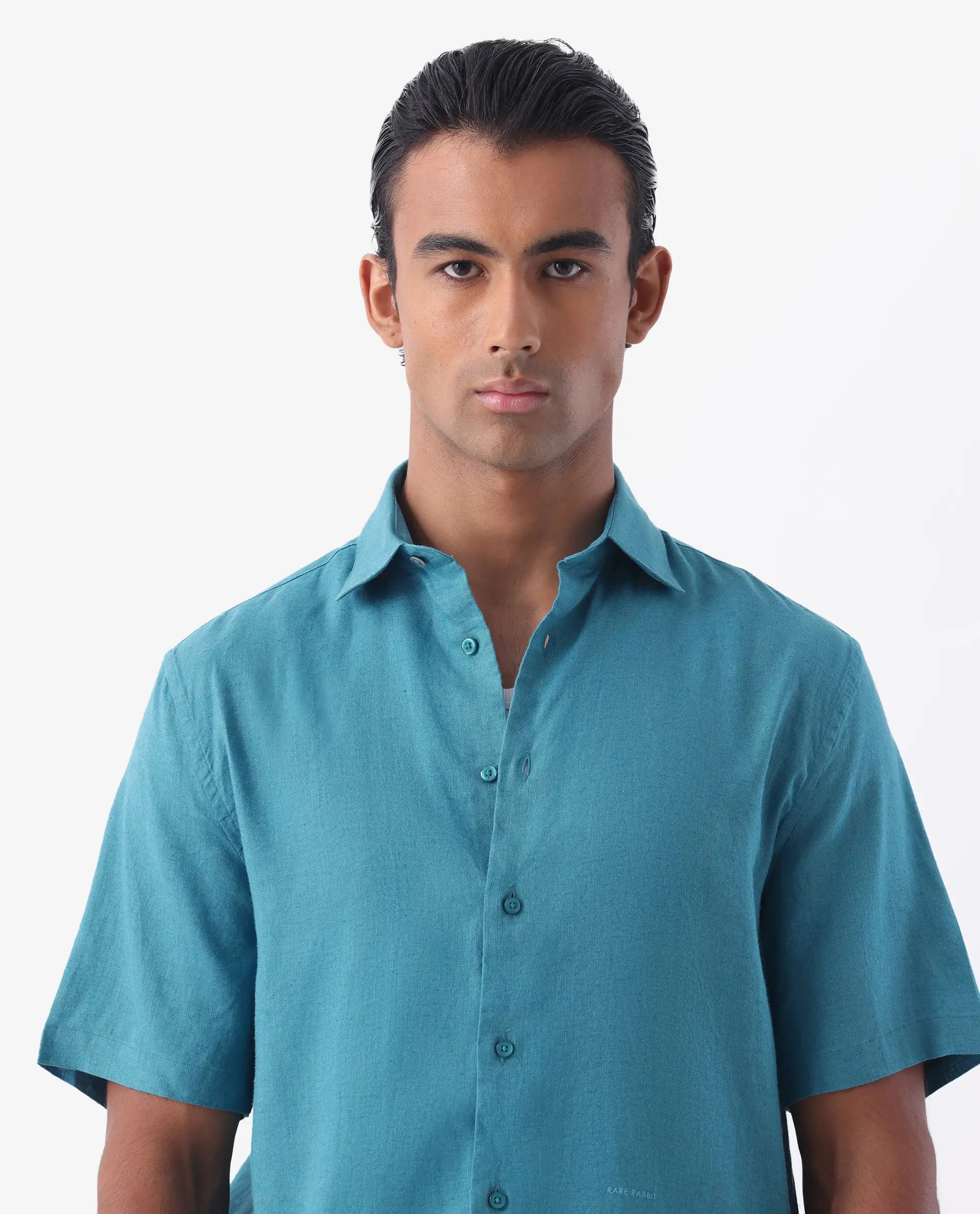 Rare Rabbit Mens Linex-1 SS Turq Linen Fabric Regular Collar Short Sleeve Boxy Fit Solid Shirt