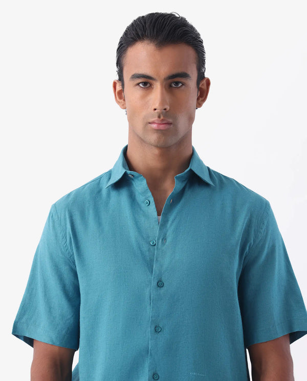 Rare Rabbit Mens Linex-1 SS Turq Linen Fabric Regular Collar Short Sleeve Boxy Fit Solid Shirt