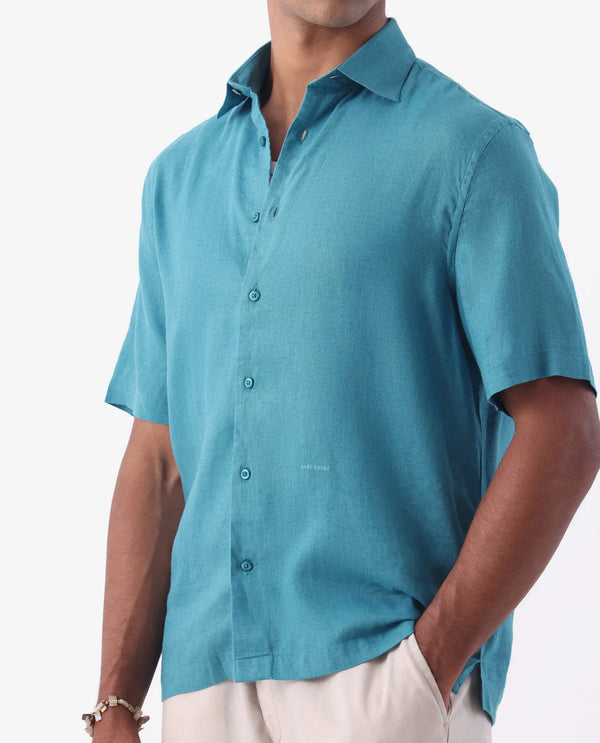 Rare Rabbit Mens Linex-1 SS Turq Linen Fabric Regular Collar Short Sleeve Boxy Fit Solid Shirt
