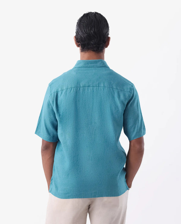 Rare Rabbit Mens Linex-1 SS Turq Linen Fabric Regular Collar Short Sleeve Boxy Fit Solid Shirt