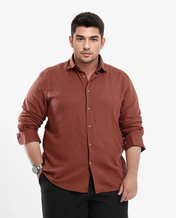 Rare Rabbit Men's Linux Rust Cotton Linen Fabric Full Sleeves Regular Fit Solid Shirt Plus Size