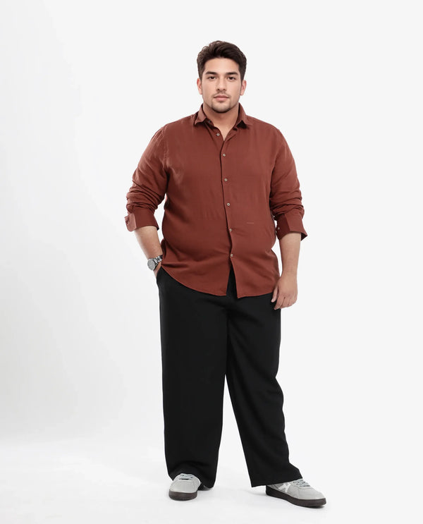 Rare Rabbit Men's Linux Rust Cotton Linen Fabric Full Sleeves Regular Fit Solid Shirt Plus Size