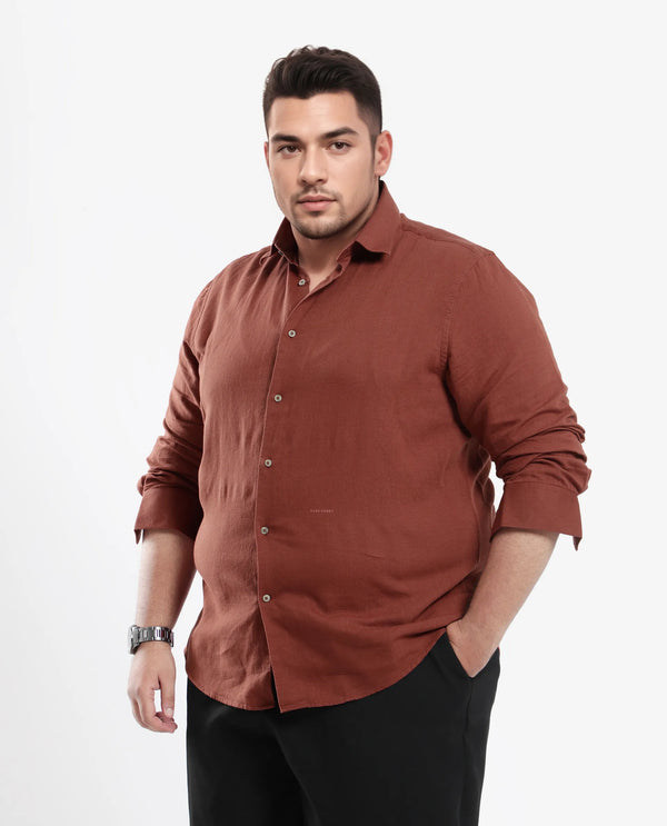 Rare Rabbit Men's Linux Rust Cotton Linen Fabric Full Sleeves Regular Fit Solid Shirt Plus Size