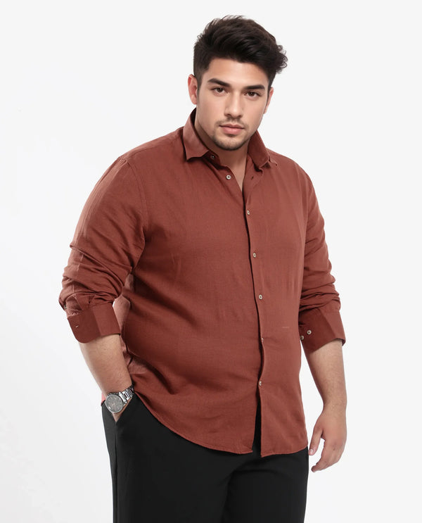 Rare Rabbit Men's Linux Rust Cotton Linen Fabric Full Sleeves Regular Fit Solid Shirt Plus Size