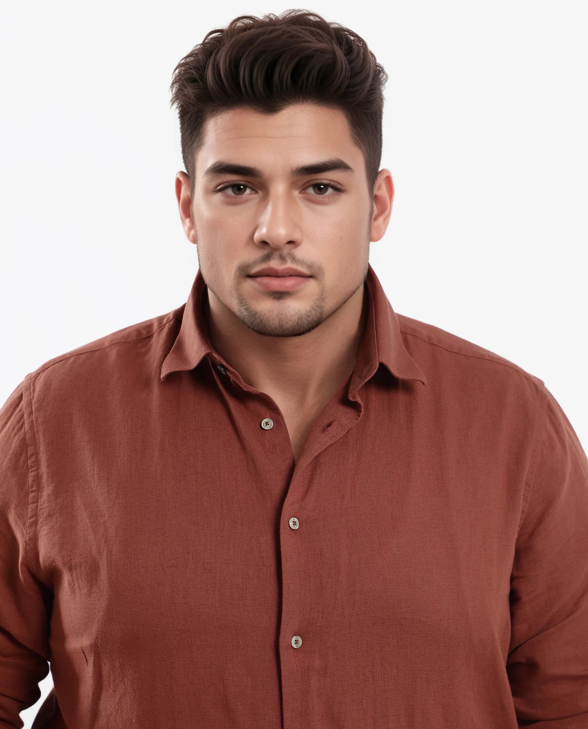 Rare Rabbit Men's Linux Rust Cotton Linen Fabric Full Sleeves Regular Fit Solid Shirt Plus Size
