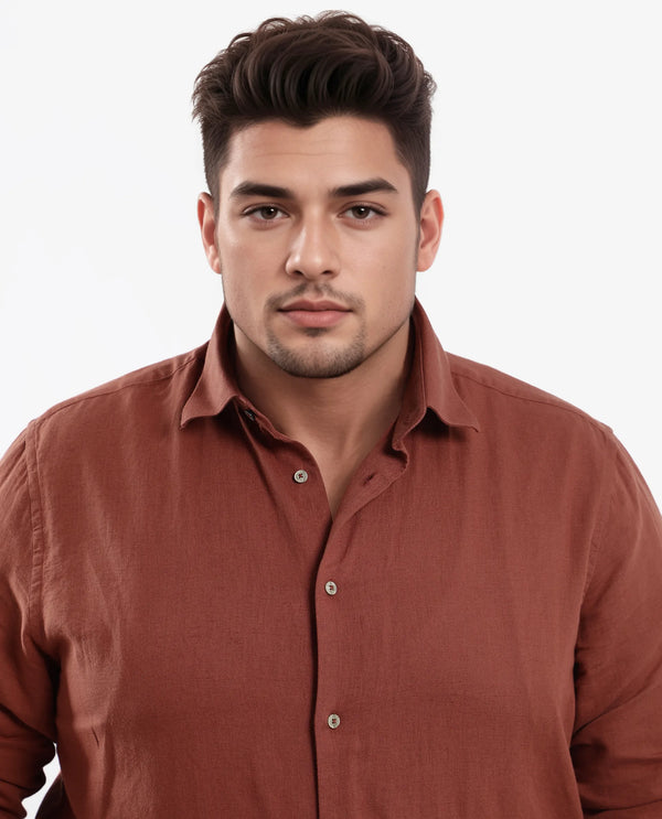 Rare Rabbit Men's Linux Rust Cotton Linen Fabric Full Sleeves Regular Fit Solid Shirt Plus Size