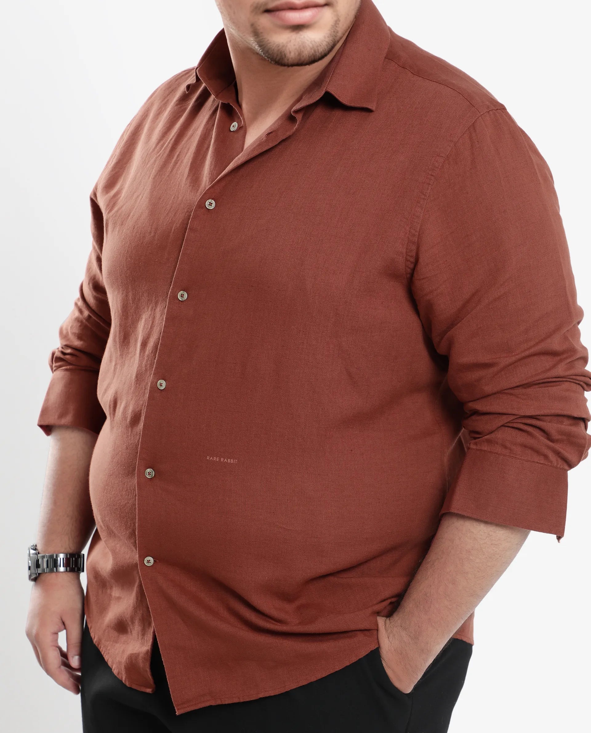 Rare Rabbit Men's Linux Rust Cotton Linen Fabric Full Sleeves Regular Fit Solid Shirt Plus Size