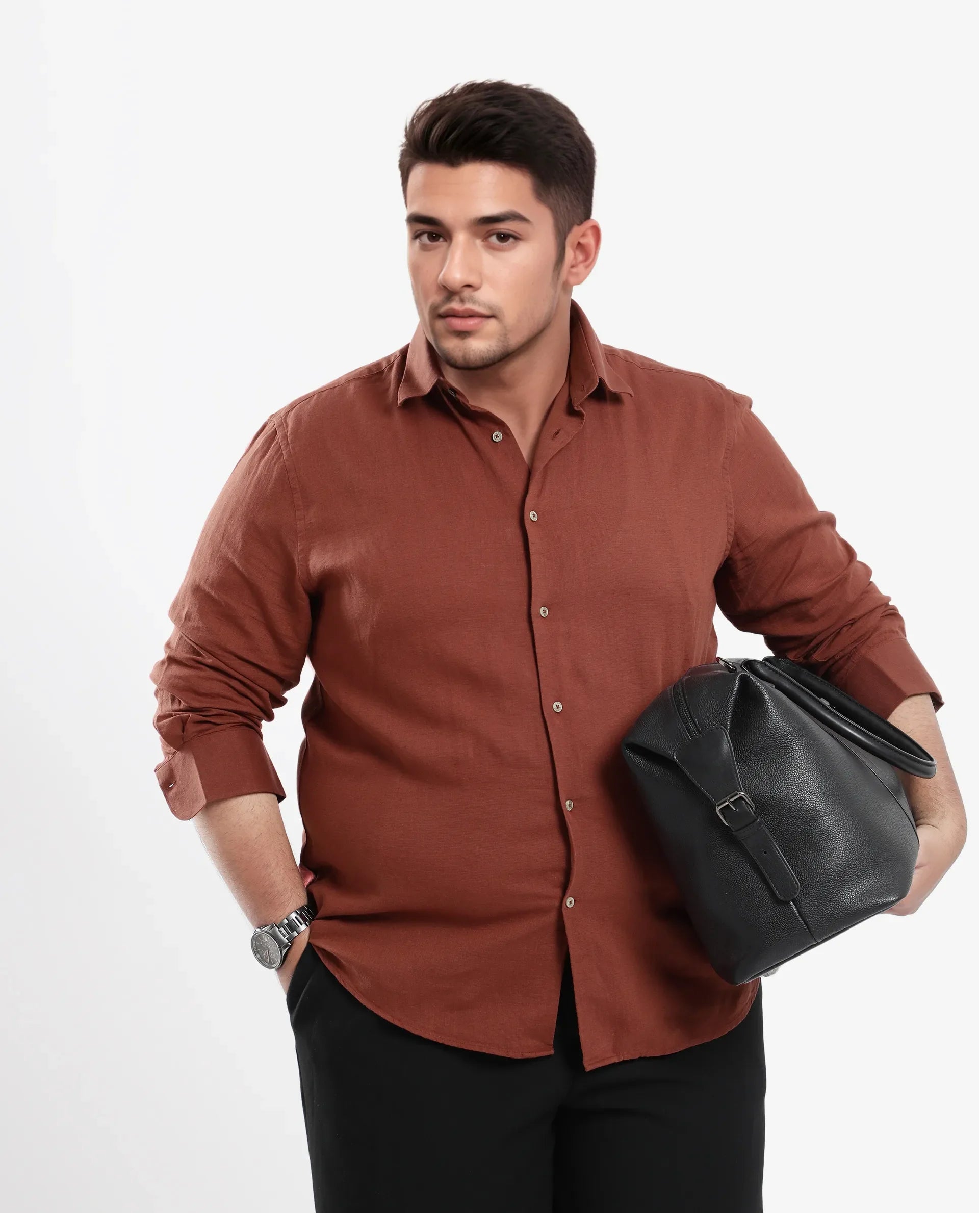 Rare Rabbit Men's Linux Rust Cotton Linen Fabric Full Sleeves Regular Fit Solid Shirt Plus Size