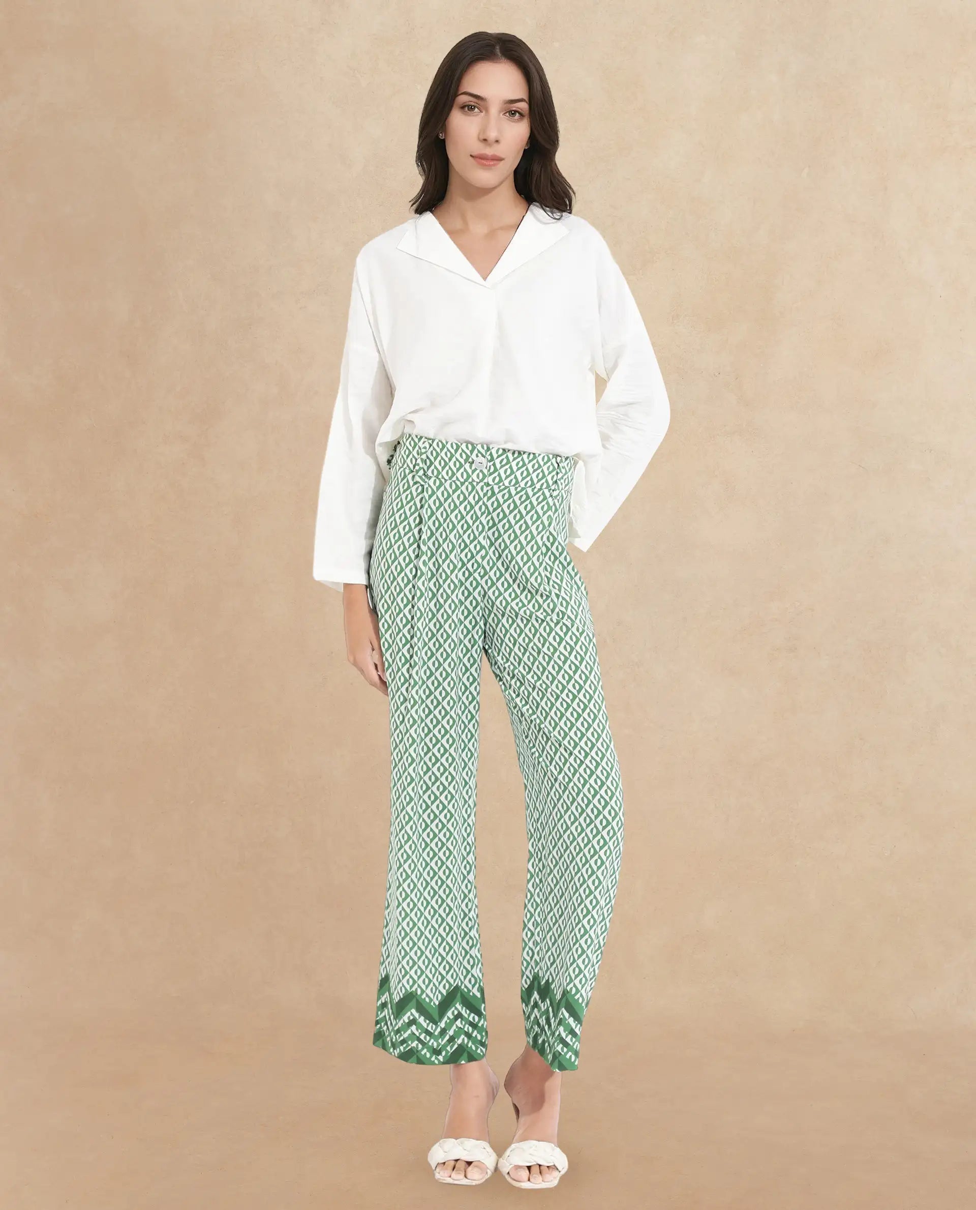 Rareism Women Livornob Dark Green Button Closure Straight Fit Ankle Length Geometric Print Trouser