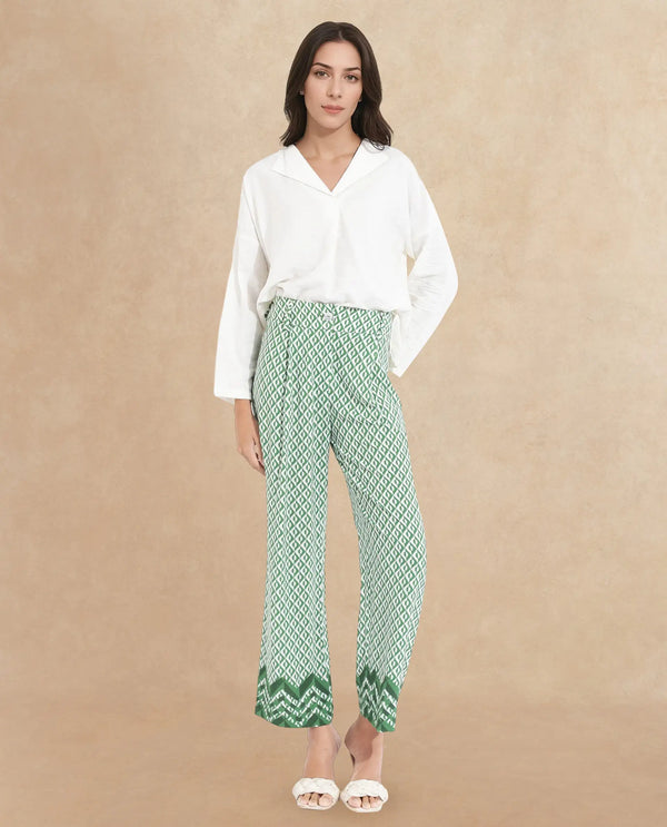 Rareism Women Livornob Dark Green Button Closure Straight Fit Ankle Length Geometric Print Trouser