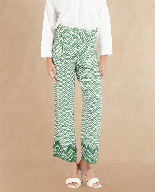 Rareism Women Livornob Dark Green Button Closure Straight Fit Ankle Length Geometric Print Trouser