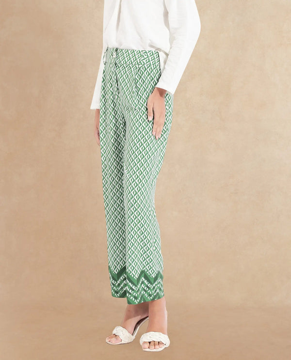 Rareism Women Livornob Dark Green Button Closure Straight Fit Ankle Length Geometric Print Trouser