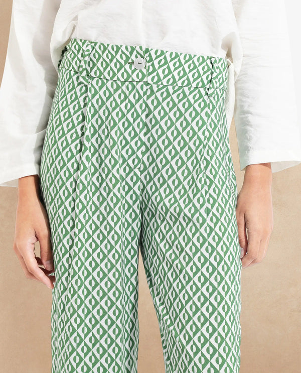 Rareism Women Livornob Dark Green Button Closure Straight Fit Ankle Length Geometric Print Trouser